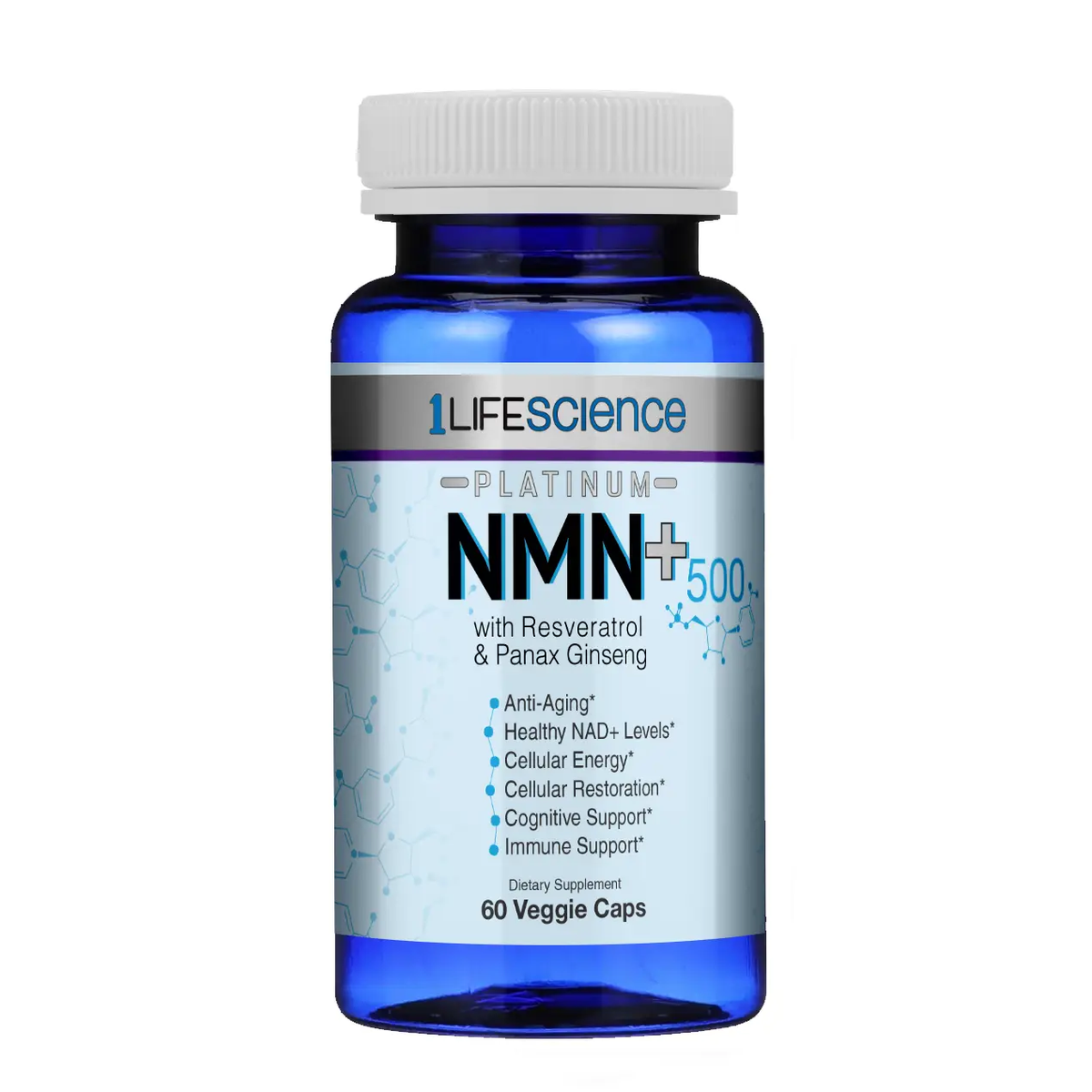 1 Life Science NMN+ 500 w/Resveratrol & Panax Ginseng (60 veggie caps)