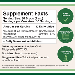 Double Wood Supplements Vitamin D3 + K2 Liquid Drops (1 fl. ounce)
